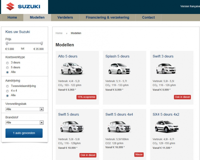 de pagina van alle modellen van Suzuki is volledig gericht op het kiezen van een model.