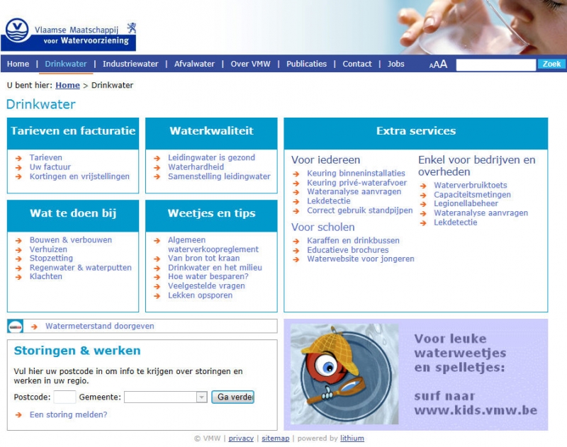 Hoofdpagina van de rubriek 'Drinkwater' bij de Vlaamse Maatschappij voor Watervoorziening