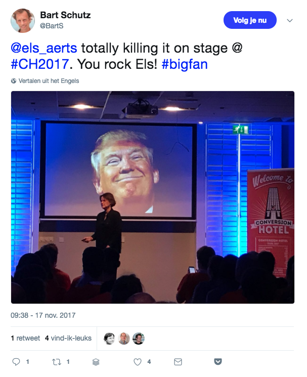 Bart Schutz tweets about Els Aerts, speaker on user research at Conversion Hotel