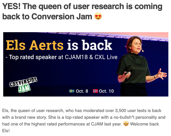 YES! The queen of user research is coming back to Conversion Jam!