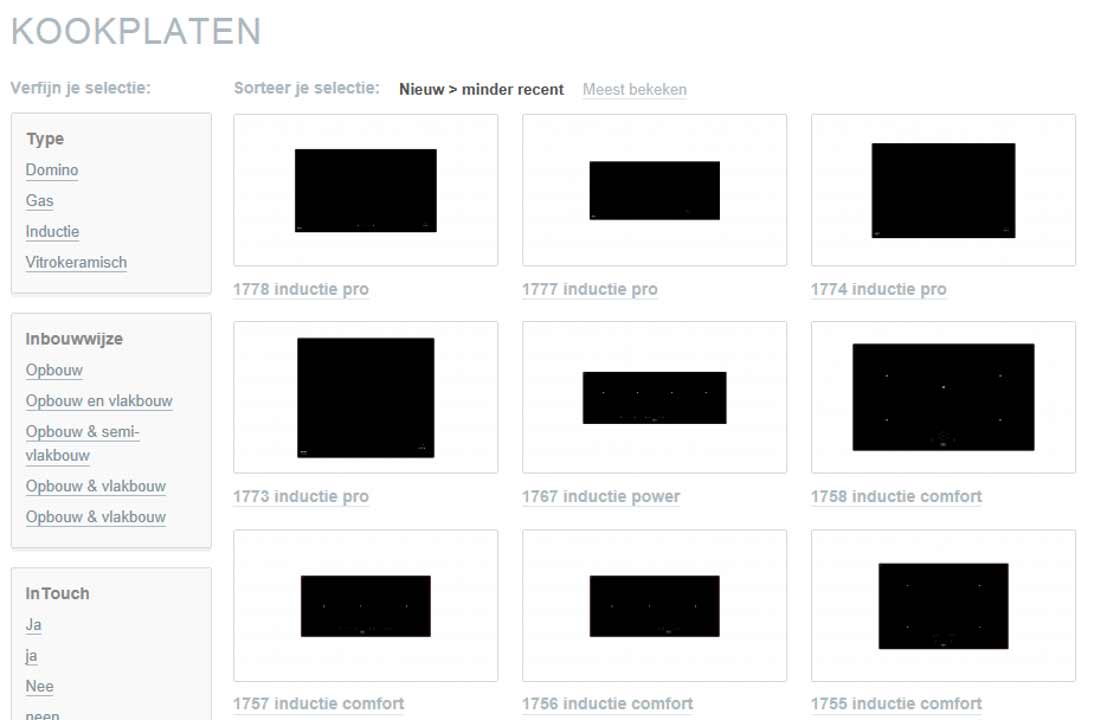 De categoriepagina van alle inductiekookplaten op de website van Novy toont alleen productnummers en zwarte afbeeldingen. Prettige dag nog …