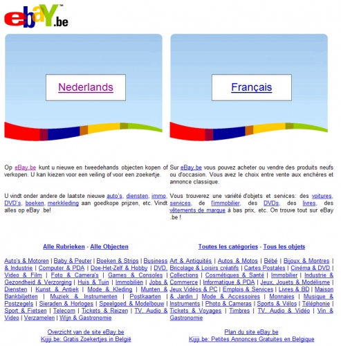 eBay: prominent in beeld de taalkeuze en enkele links. Onder de vouwlijn nog meer links.