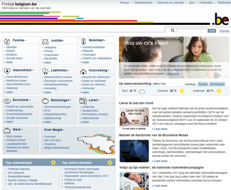 Bij Belgium.be is de linkerhelft van de homepage opgebouwd als keuzepagina. In de rechterhelft wordt het nieuws gepusht.